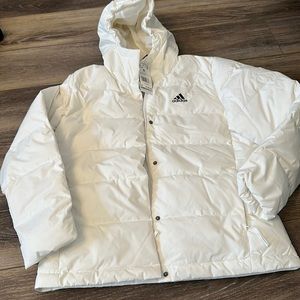 NWT Women’s White Puffer Jacket - Zip and Button Front w Hood, Small